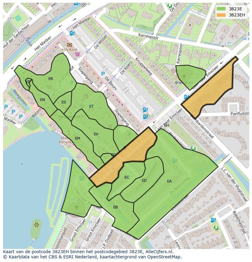 Afbeelding van het postcodegebied 3823 EH op de kaart.
