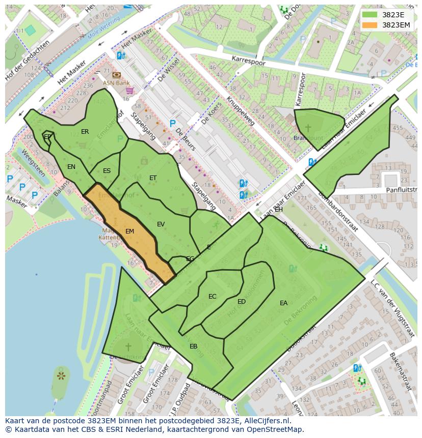 Afbeelding van het postcodegebied 3823 EM op de kaart.