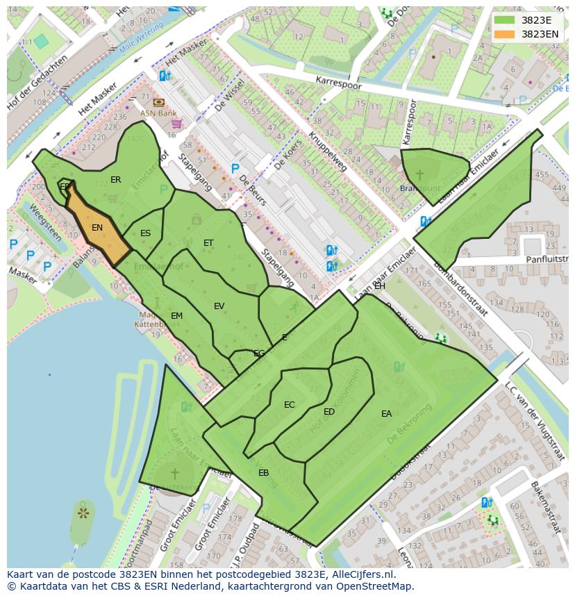 Afbeelding van het postcodegebied 3823 EN op de kaart.