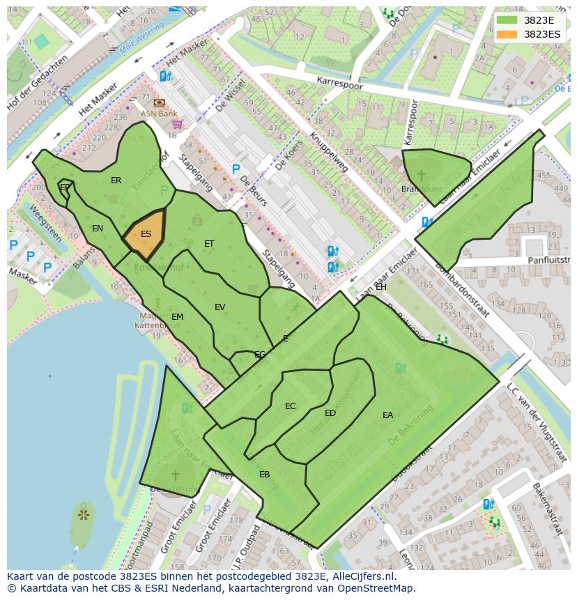 Afbeelding van het postcodegebied 3823 ES op de kaart.