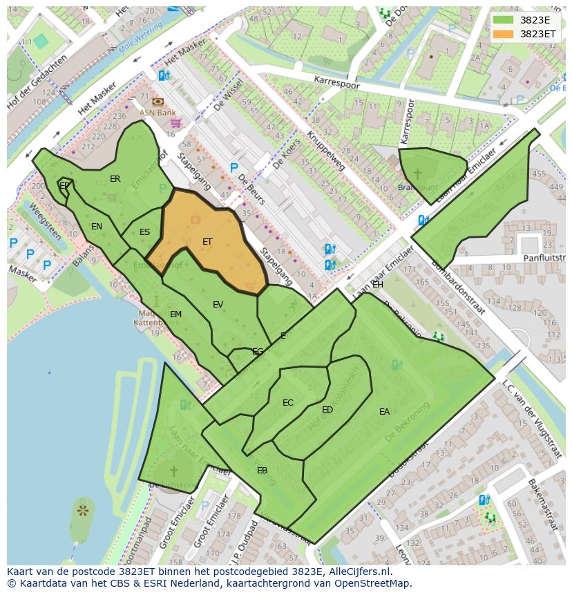 Afbeelding van het postcodegebied 3823 ET op de kaart.
