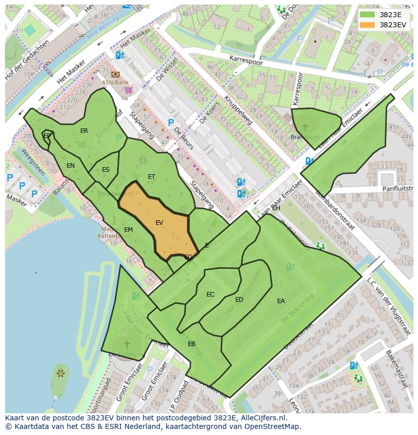 Afbeelding van het postcodegebied 3823 EV op de kaart.