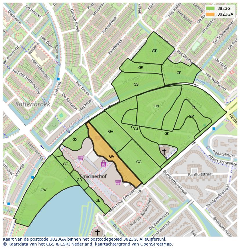 Afbeelding van het postcodegebied 3823 GA op de kaart.