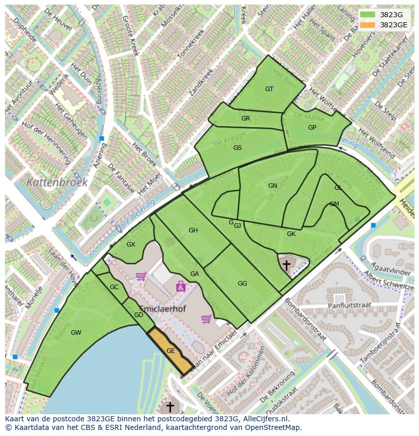 Afbeelding van het postcodegebied 3823 GE op de kaart.