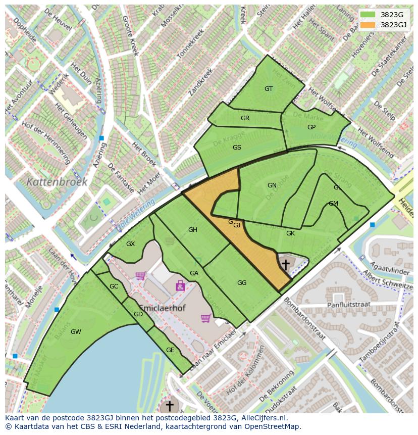Afbeelding van het postcodegebied 3823 GJ op de kaart.