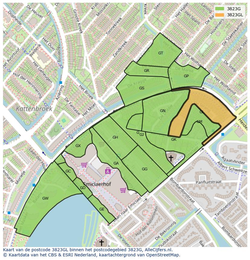 Afbeelding van het postcodegebied 3823 GL op de kaart.