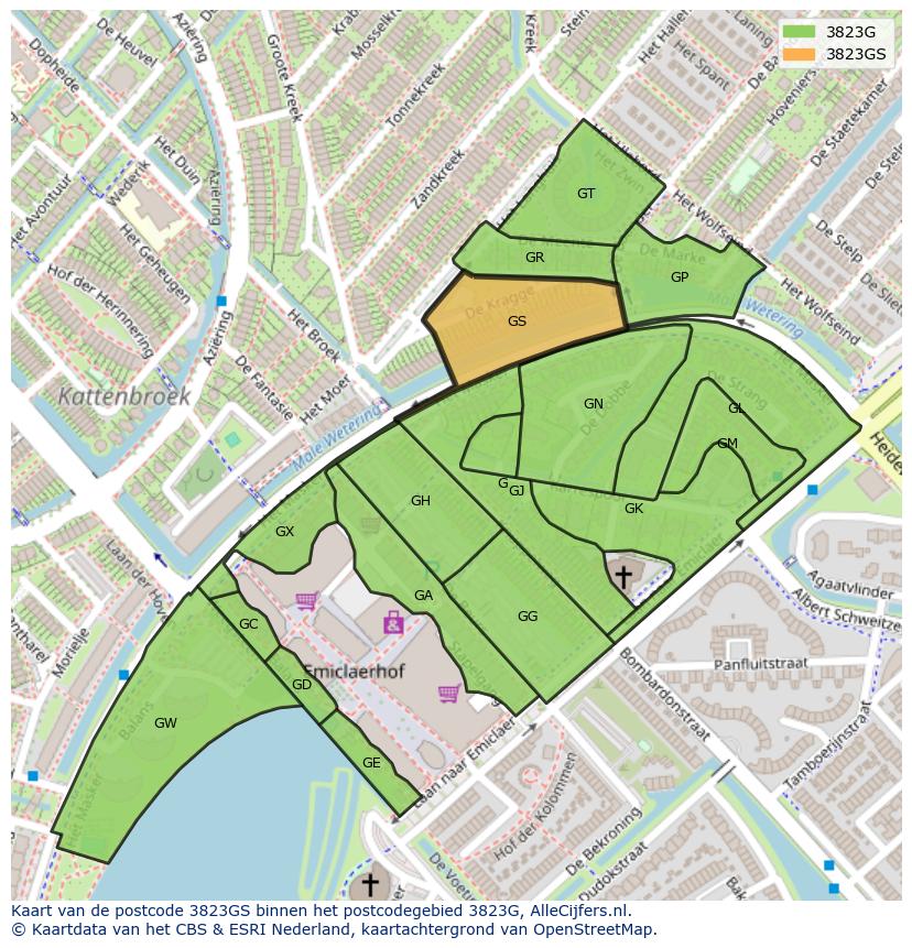 Afbeelding van het postcodegebied 3823 GS op de kaart.