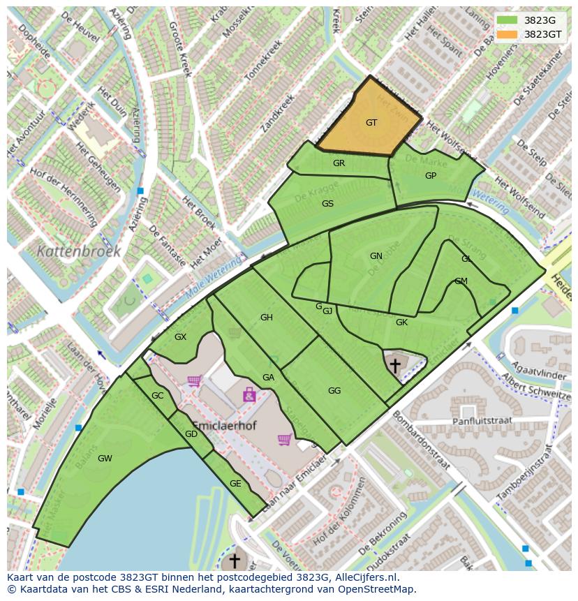 Afbeelding van het postcodegebied 3823 GT op de kaart.