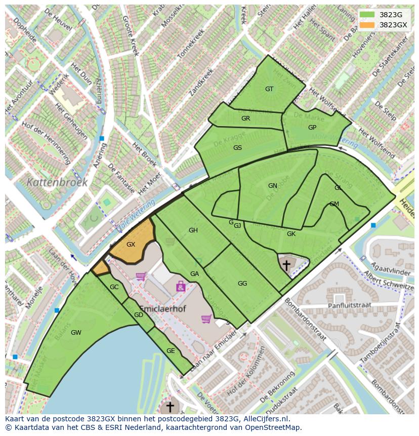 Afbeelding van het postcodegebied 3823 GX op de kaart.