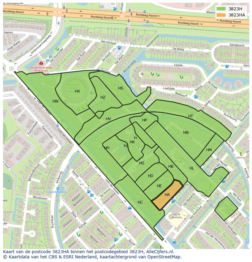 Afbeelding van het postcodegebied 3823 HA op de kaart.