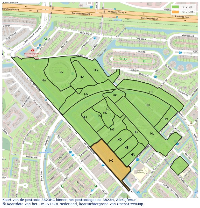 Afbeelding van het postcodegebied 3823 HC op de kaart.