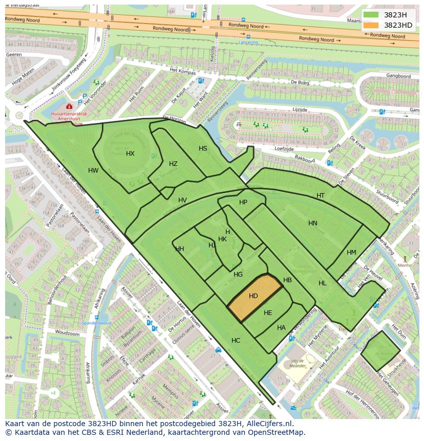 Afbeelding van het postcodegebied 3823 HD op de kaart.