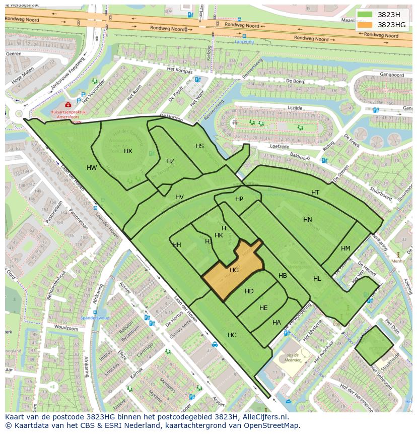 Afbeelding van het postcodegebied 3823 HG op de kaart.