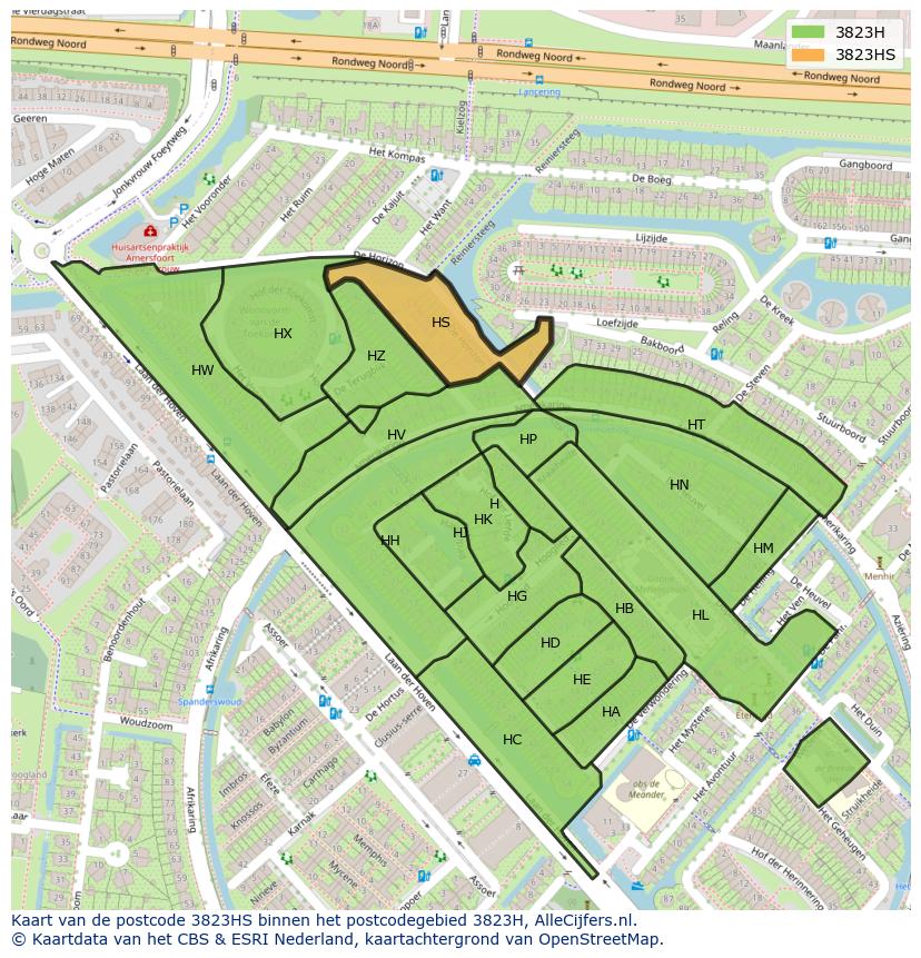 Afbeelding van het postcodegebied 3823 HS op de kaart.