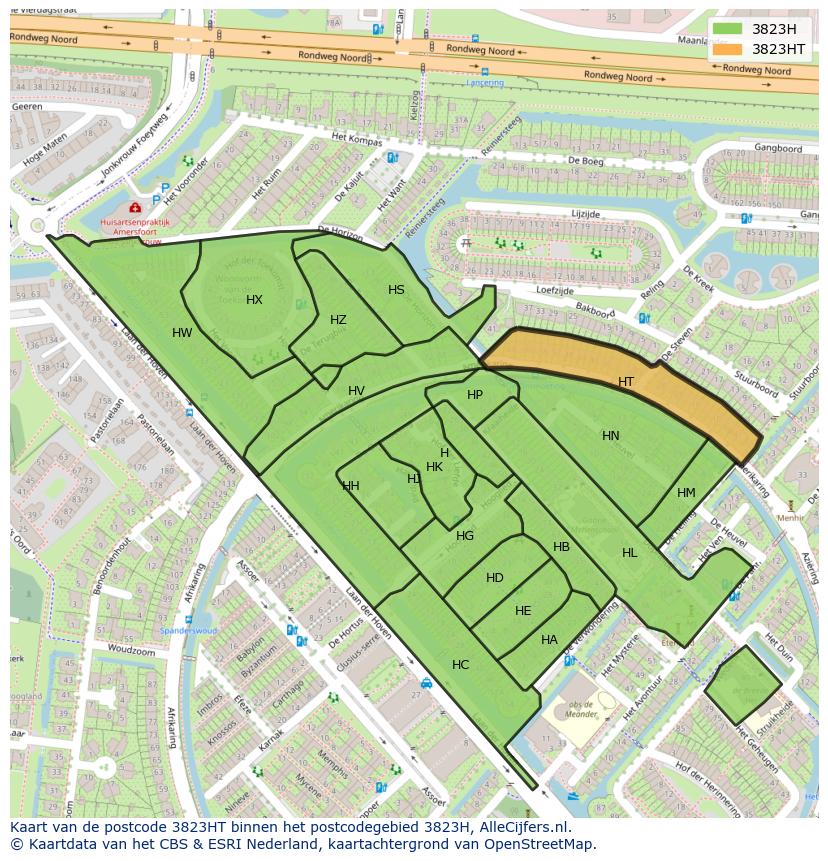 Afbeelding van het postcodegebied 3823 HT op de kaart.