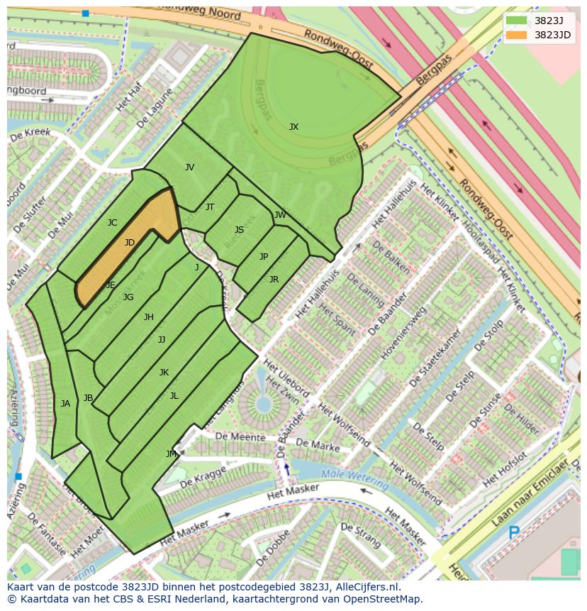 Afbeelding van het postcodegebied 3823 JD op de kaart.