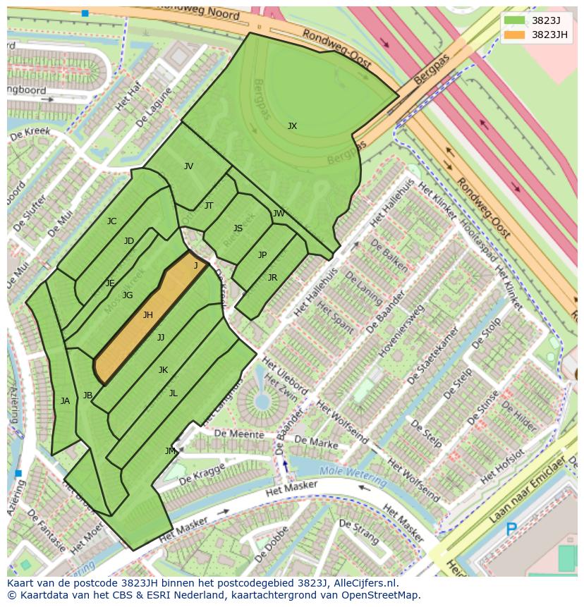 Afbeelding van het postcodegebied 3823 JH op de kaart.