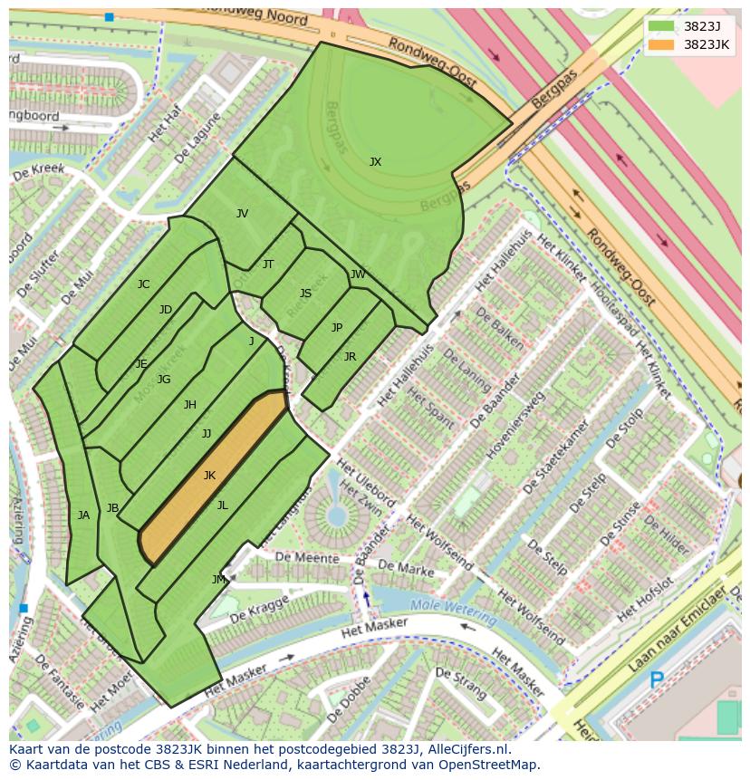 Afbeelding van het postcodegebied 3823 JK op de kaart.