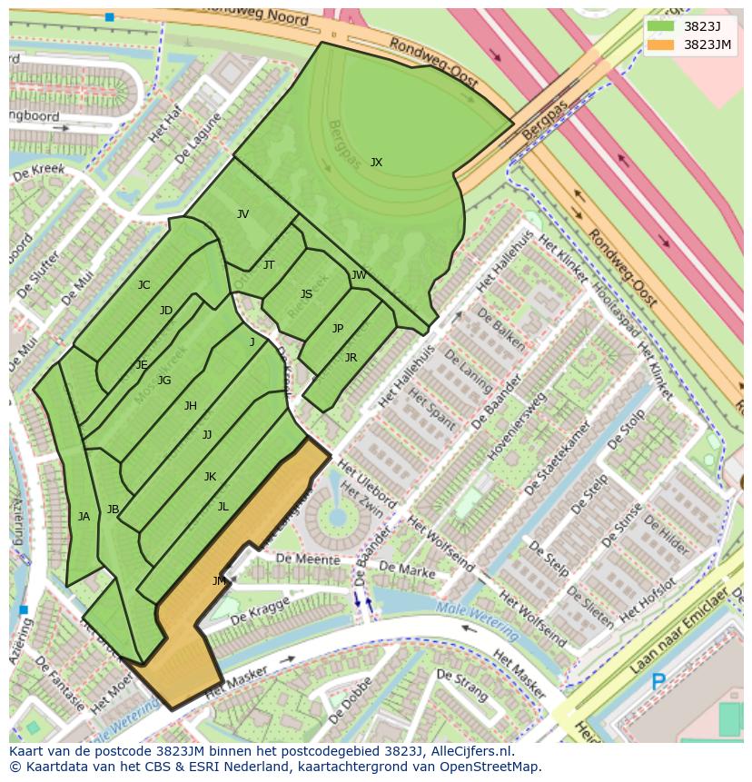 Afbeelding van het postcodegebied 3823 JM op de kaart.