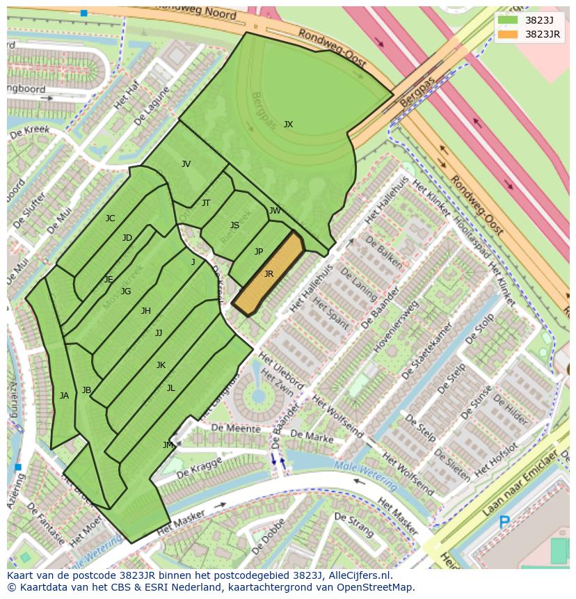 Afbeelding van het postcodegebied 3823 JR op de kaart.
