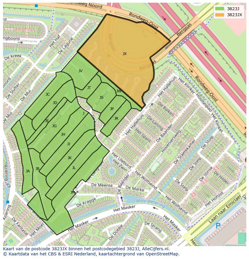 Afbeelding van het postcodegebied 3823 JX op de kaart.