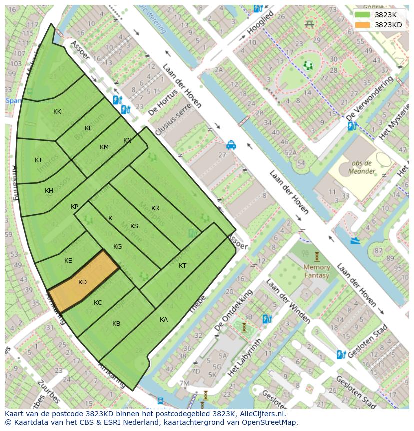 Afbeelding van het postcodegebied 3823 KD op de kaart.