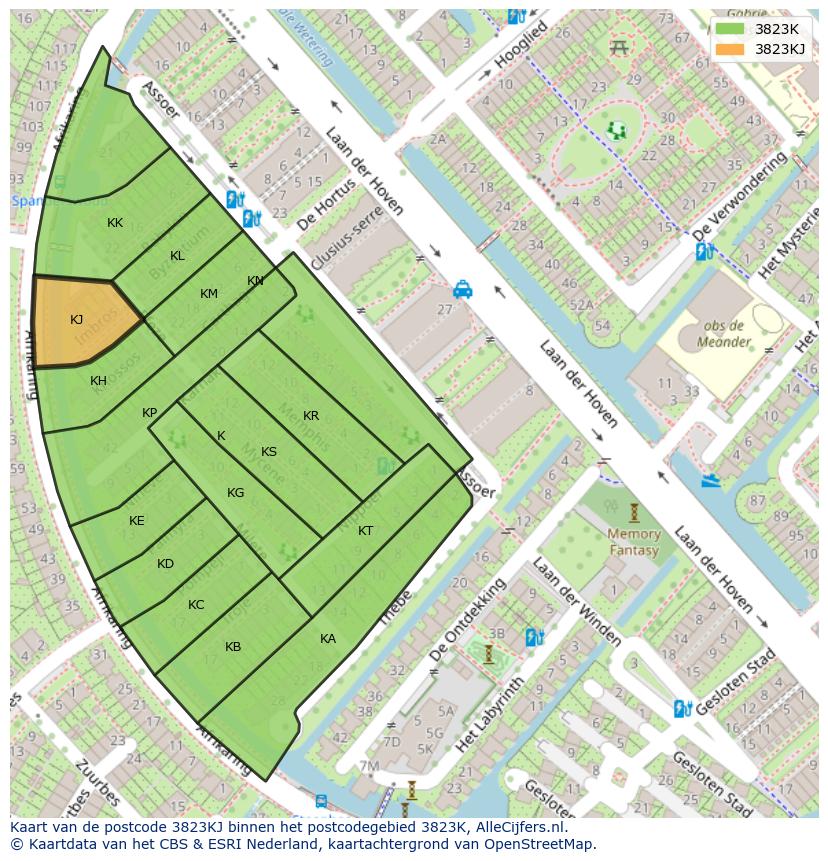 Afbeelding van het postcodegebied 3823 KJ op de kaart.