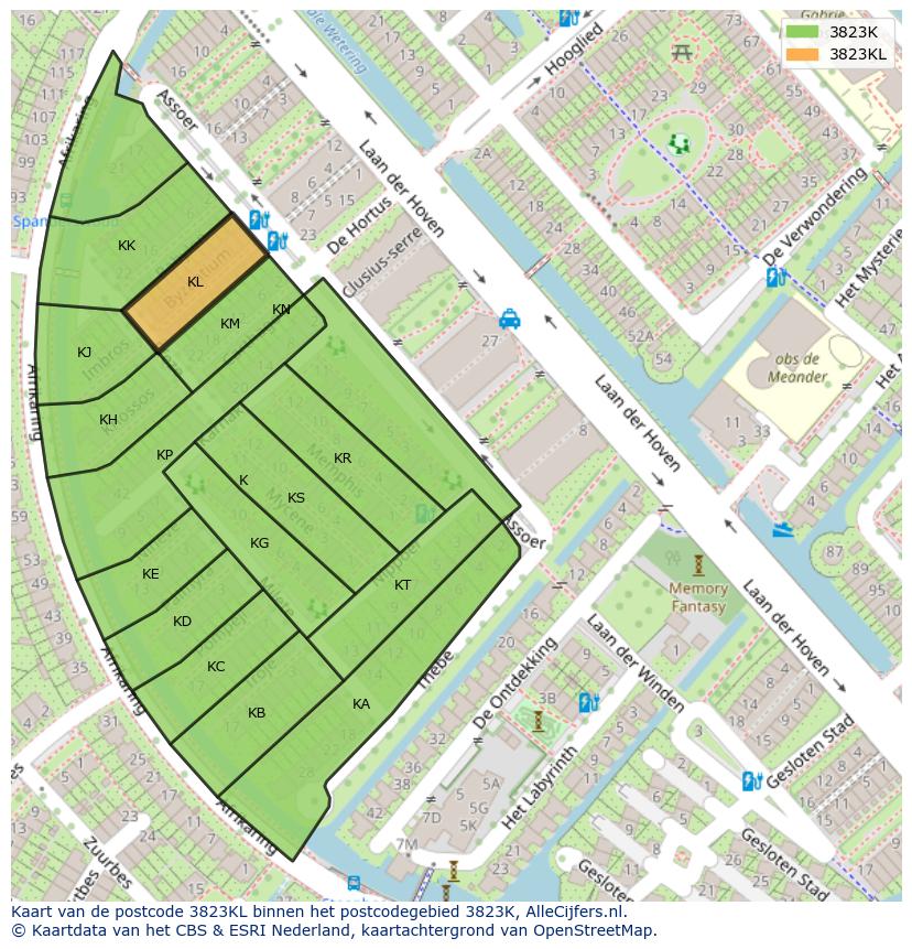 Afbeelding van het postcodegebied 3823 KL op de kaart.