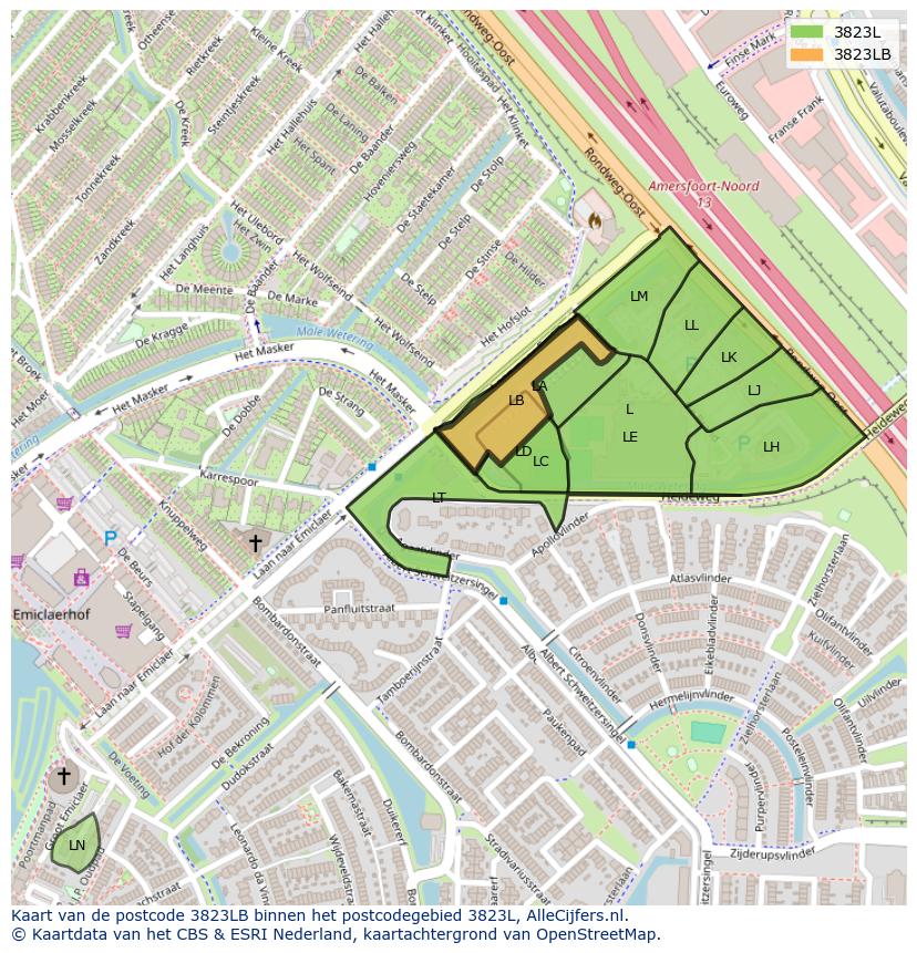 Afbeelding van het postcodegebied 3823 LB op de kaart.