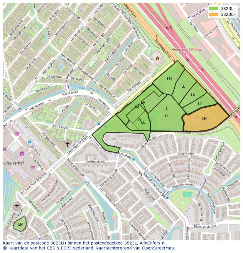 Afbeelding van het postcodegebied 3823 LH op de kaart.