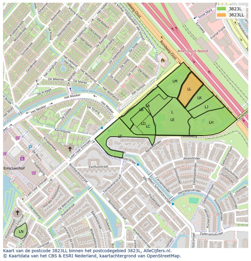 Afbeelding van het postcodegebied 3823 LL op de kaart.