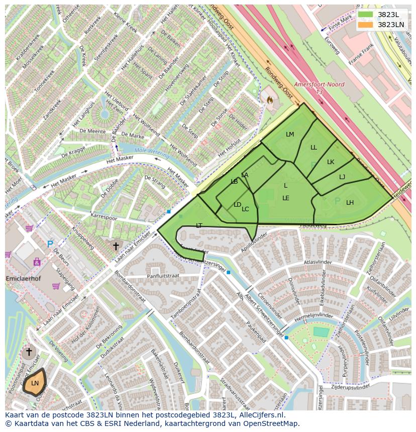 Afbeelding van het postcodegebied 3823 LN op de kaart.