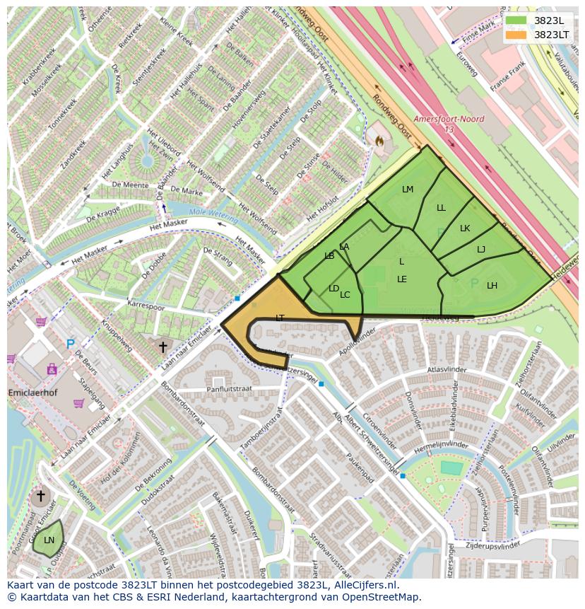 Afbeelding van het postcodegebied 3823 LT op de kaart.