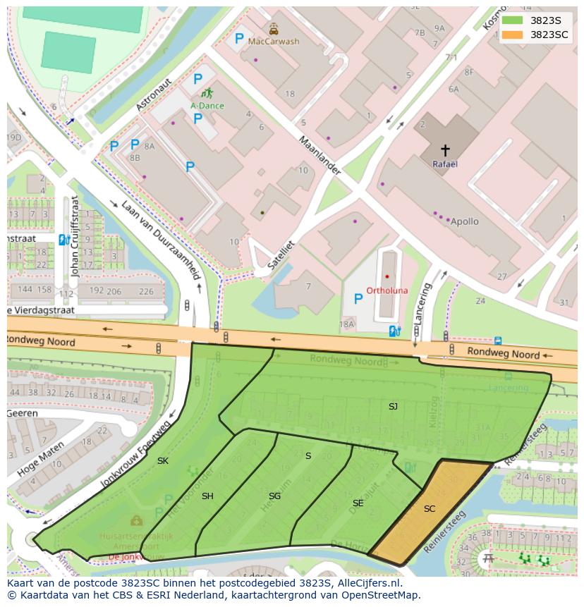 Afbeelding van het postcodegebied 3823 SC op de kaart.