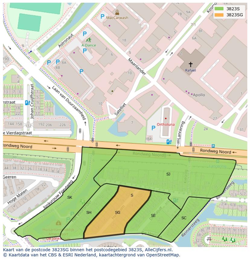 Afbeelding van het postcodegebied 3823 SG op de kaart.