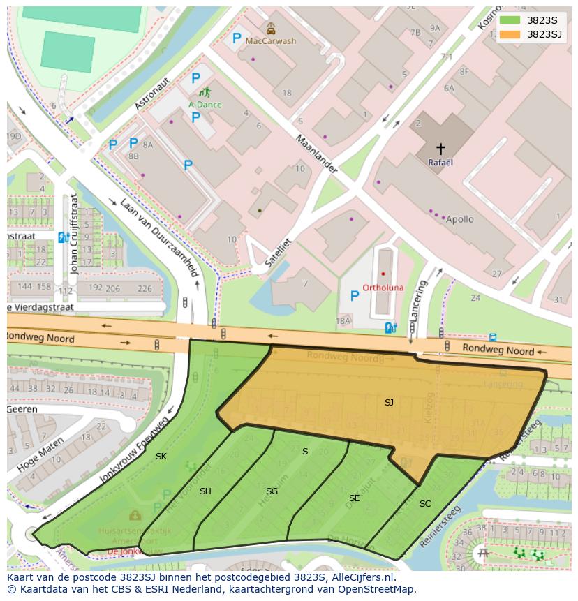 Afbeelding van het postcodegebied 3823 SJ op de kaart.