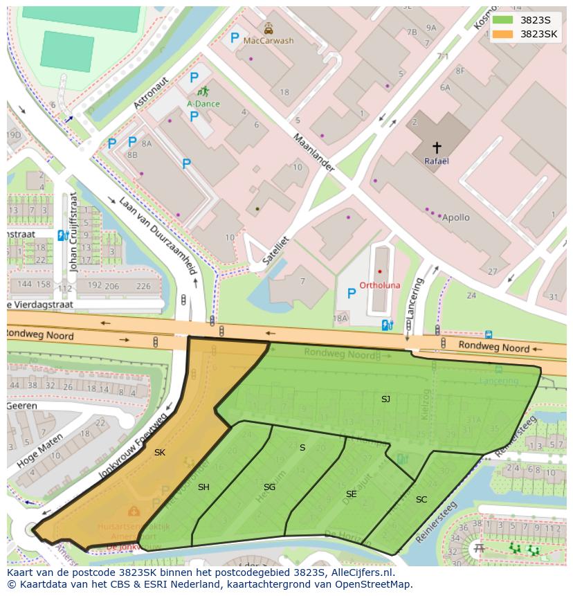 Afbeelding van het postcodegebied 3823 SK op de kaart.