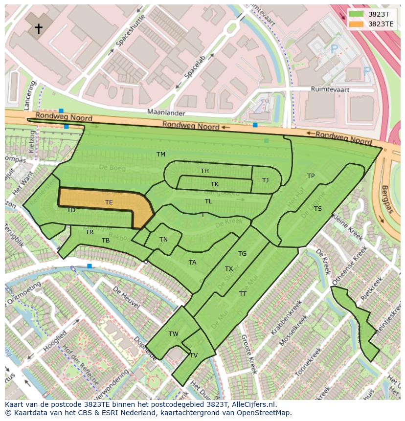 Afbeelding van het postcodegebied 3823 TE op de kaart.