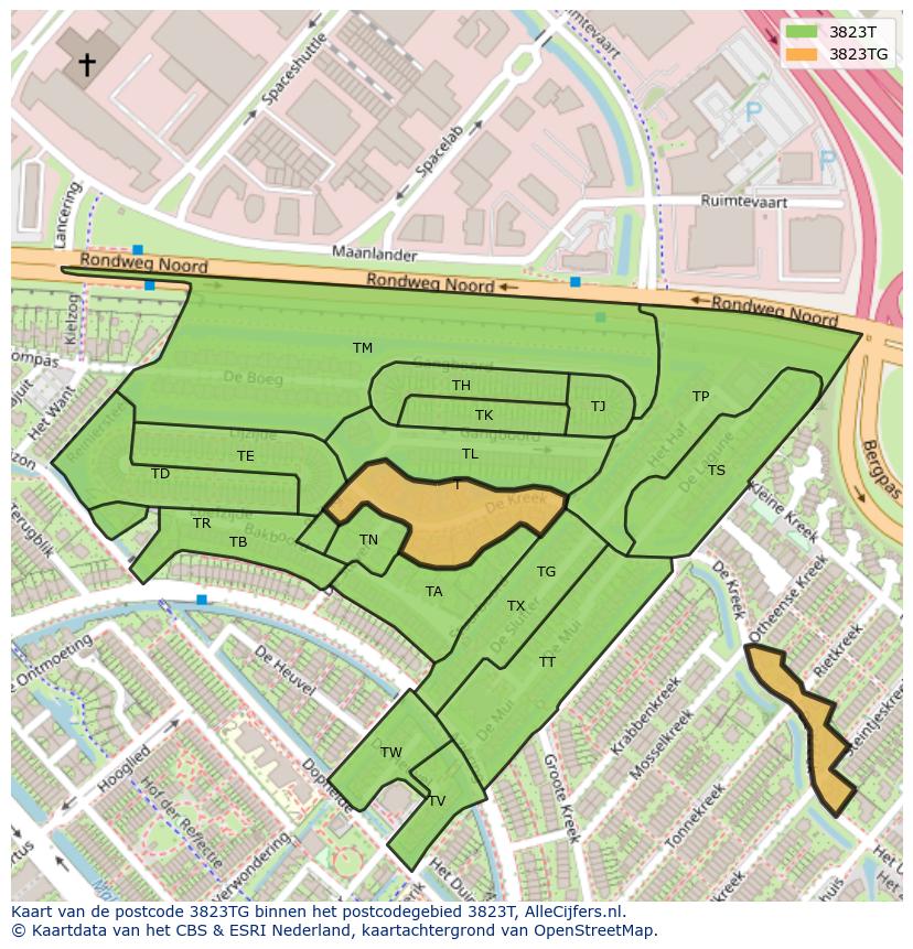 Afbeelding van het postcodegebied 3823 TG op de kaart.