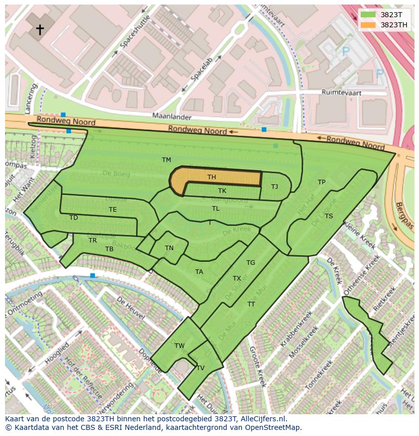 Afbeelding van het postcodegebied 3823 TH op de kaart.
