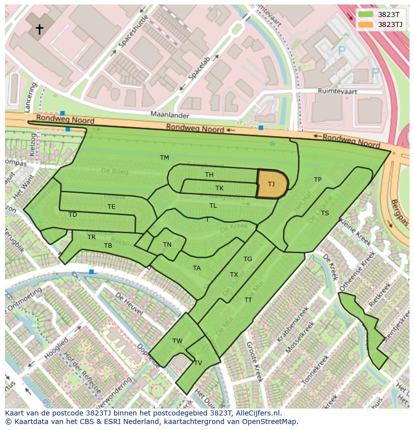 Afbeelding van het postcodegebied 3823 TJ op de kaart.