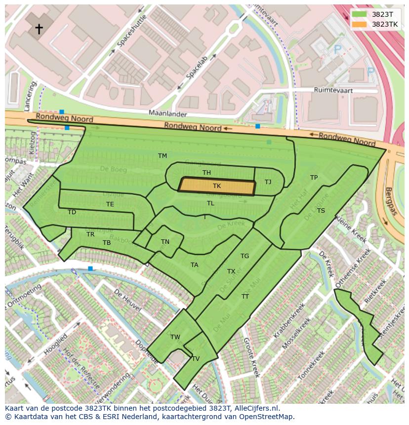 Afbeelding van het postcodegebied 3823 TK op de kaart.