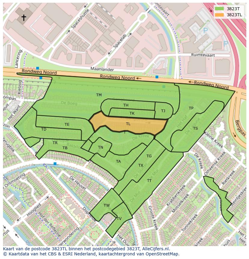 Afbeelding van het postcodegebied 3823 TL op de kaart.