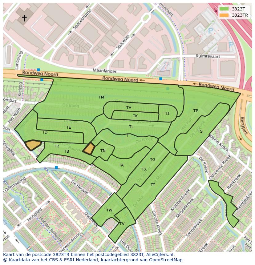 Afbeelding van het postcodegebied 3823 TR op de kaart.