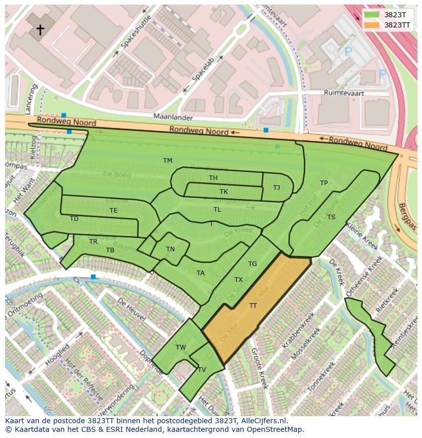 Afbeelding van het postcodegebied 3823 TT op de kaart.
