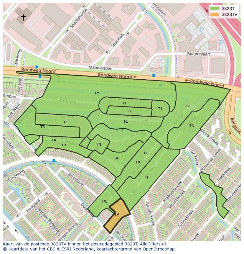 Afbeelding van het postcodegebied 3823 TV op de kaart.