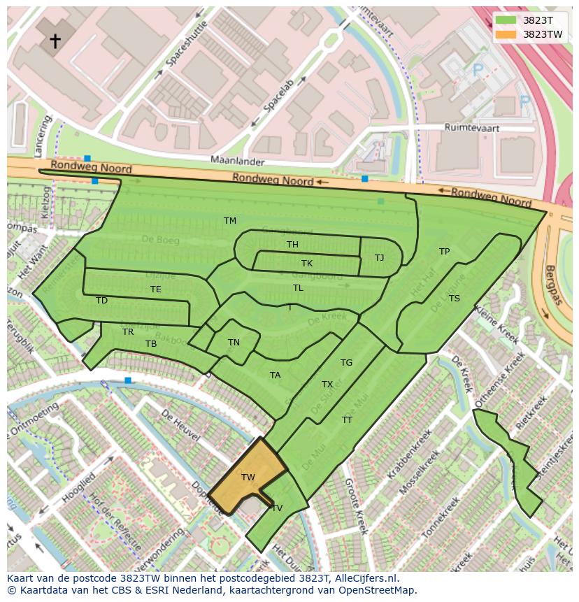 Afbeelding van het postcodegebied 3823 TW op de kaart.