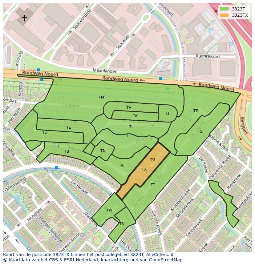 Afbeelding van het postcodegebied 3823 TX op de kaart.