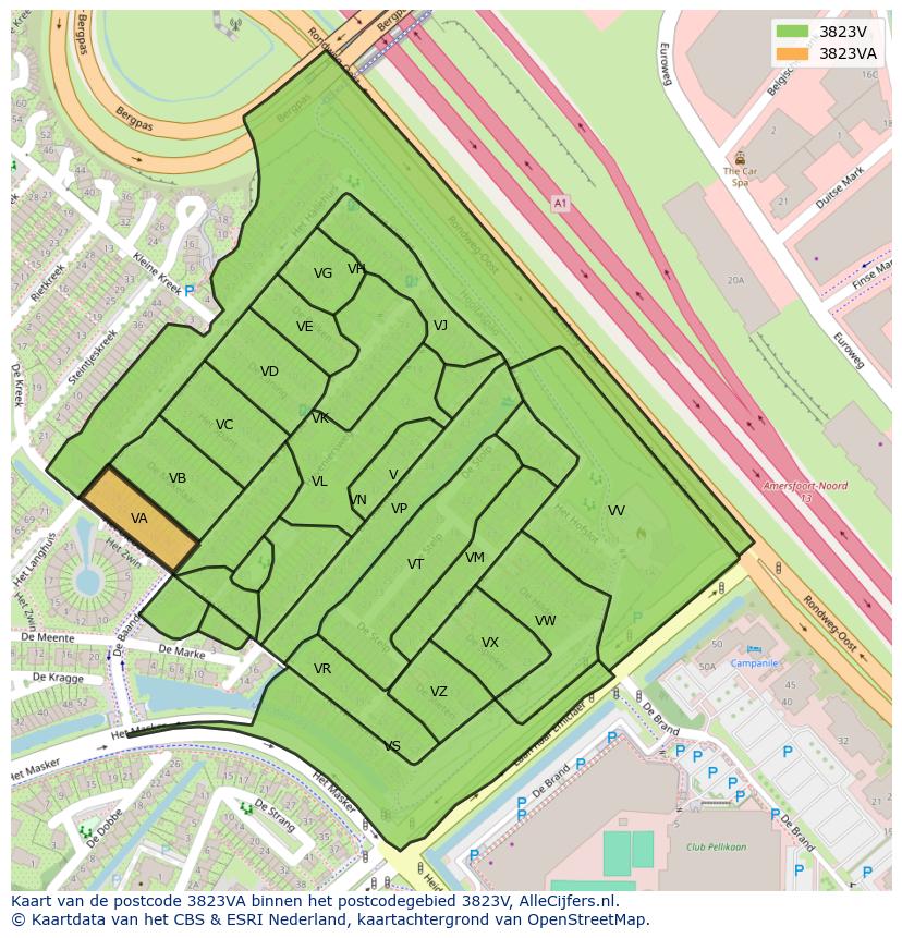 Afbeelding van het postcodegebied 3823 VA op de kaart.