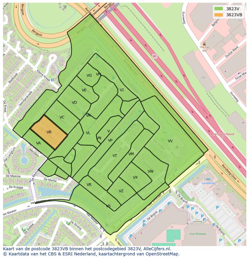 Afbeelding van het postcodegebied 3823 VB op de kaart.